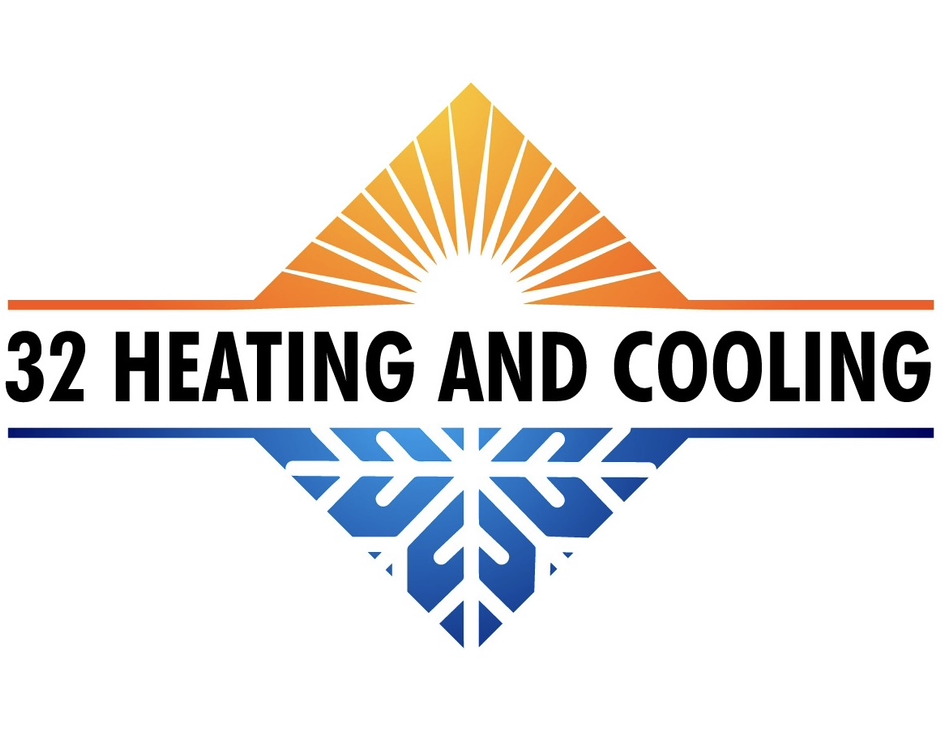 32 Heating and Cooling logo — sunburst and snowflake diamond